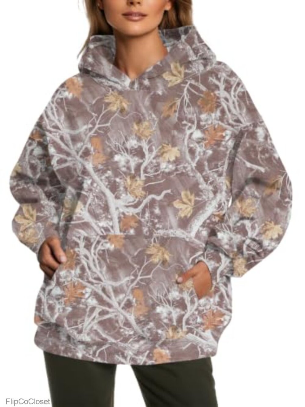 Oversized Camo Fleece Hoodie Tree Leaf Graphic Pullover Sweatshirt